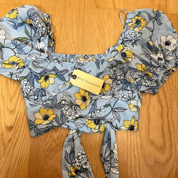 Puffy Sleeved Crop Top With Tie in Back - Picture 2 of 9